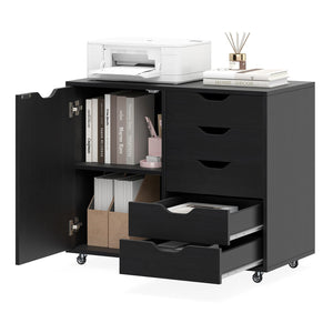 5-Drawer Rolling Storage Cart with Side Cabinet-Black view 4