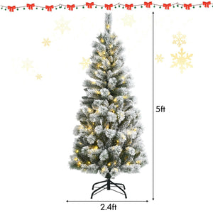 5 Feet Pre-Lit Hinged Christmas Tree Snow Flocked with 9 Modes Remote Control Lights view 5
