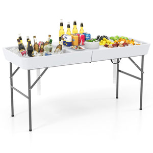 5 FT Folding Ice Cooler Table with Double Sinks for Camping Party Picnic Wedding-White