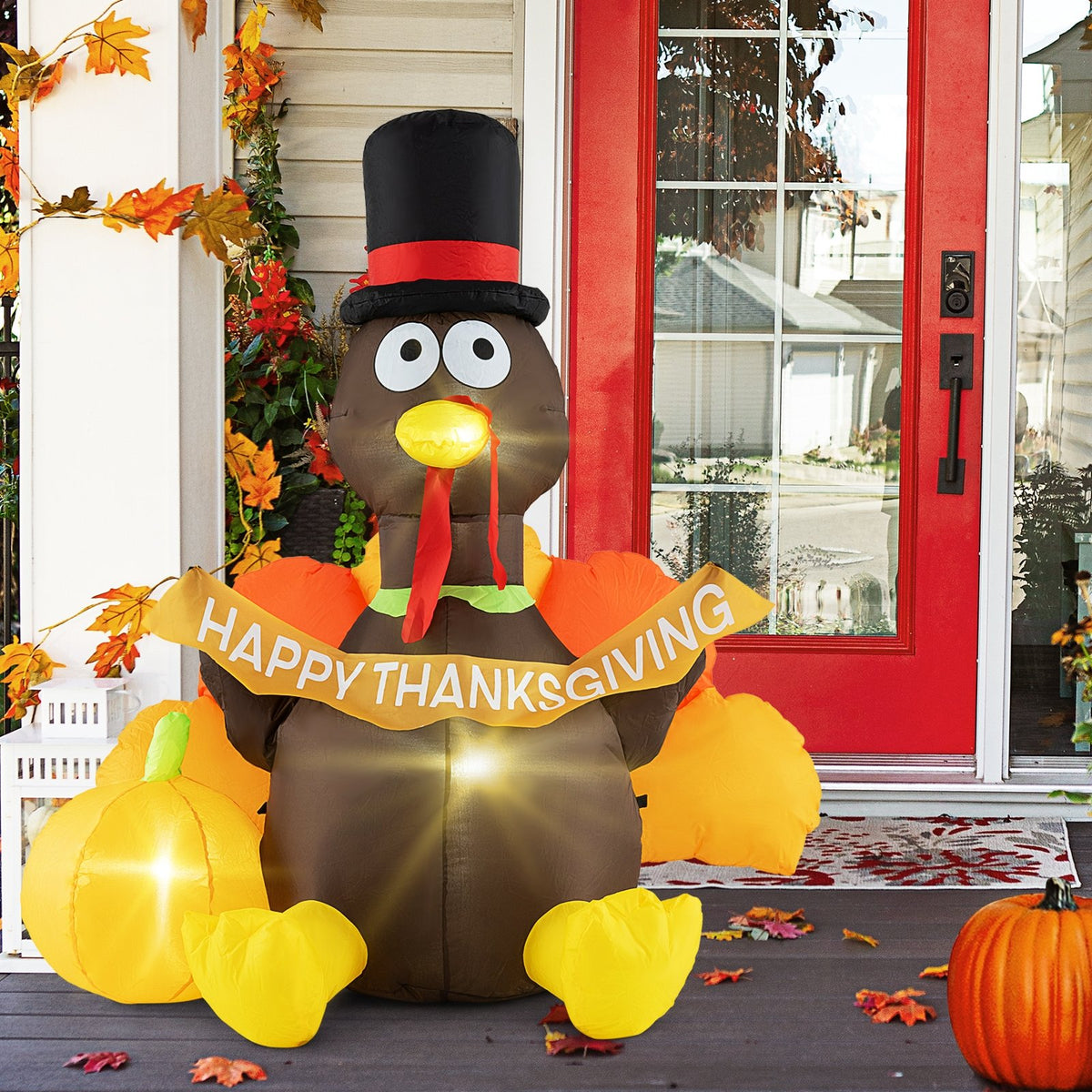 5 FT Inflatable Turkey with Pumpkin and LED Lights for Indoor Party view 2