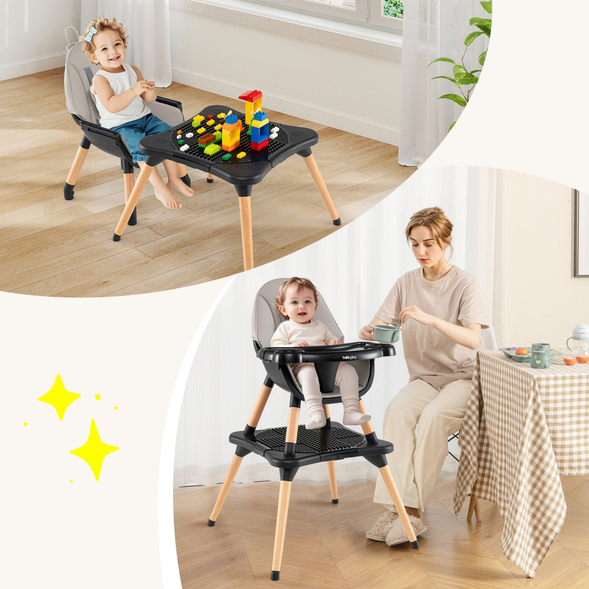 5-in-1 Baby Convertible Wooden High Chair with Detachable Tray-Black view 2