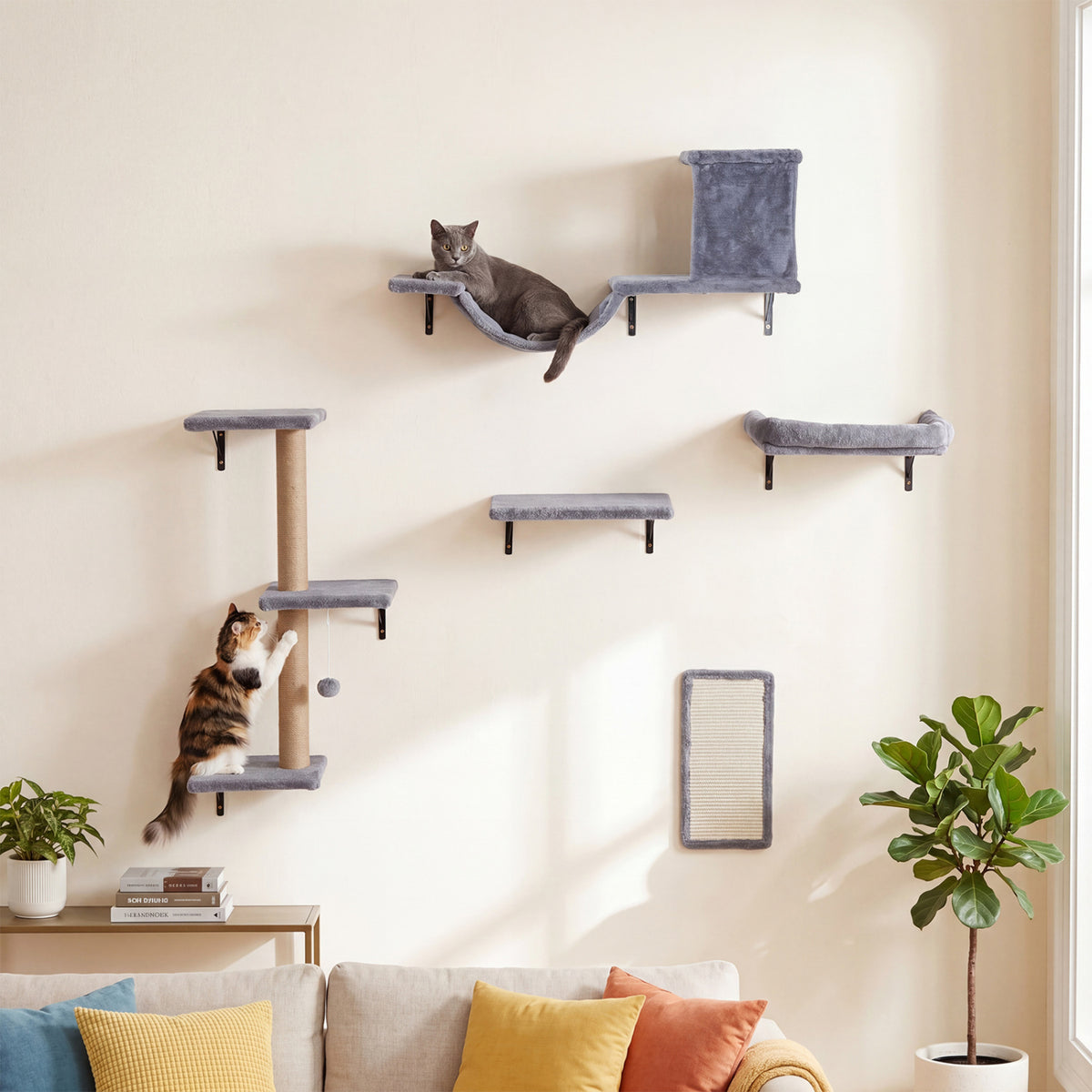 5-in-1 Cat Wall Shelves with Condo Bridge Perch Platform Scratching Post and Board for Indoor-Gray view 2
