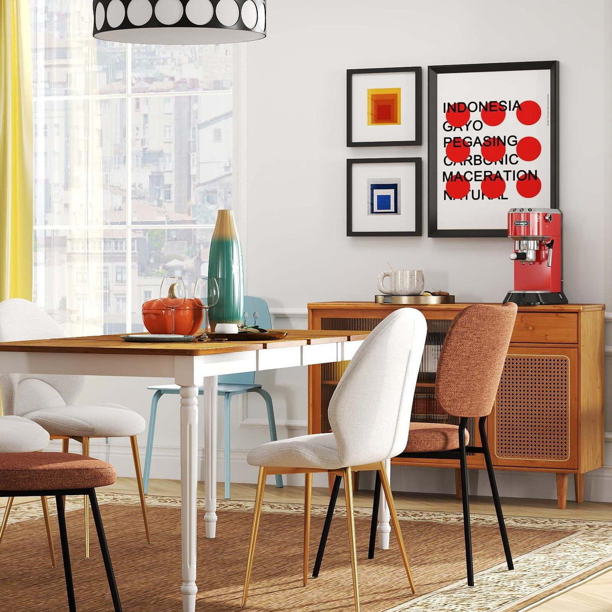 5-in-1 Complete Dining Room Set: Extendable Table, 4 Chairs, Electric Fireplace, Media Console & Bamboo Sideboard view 2