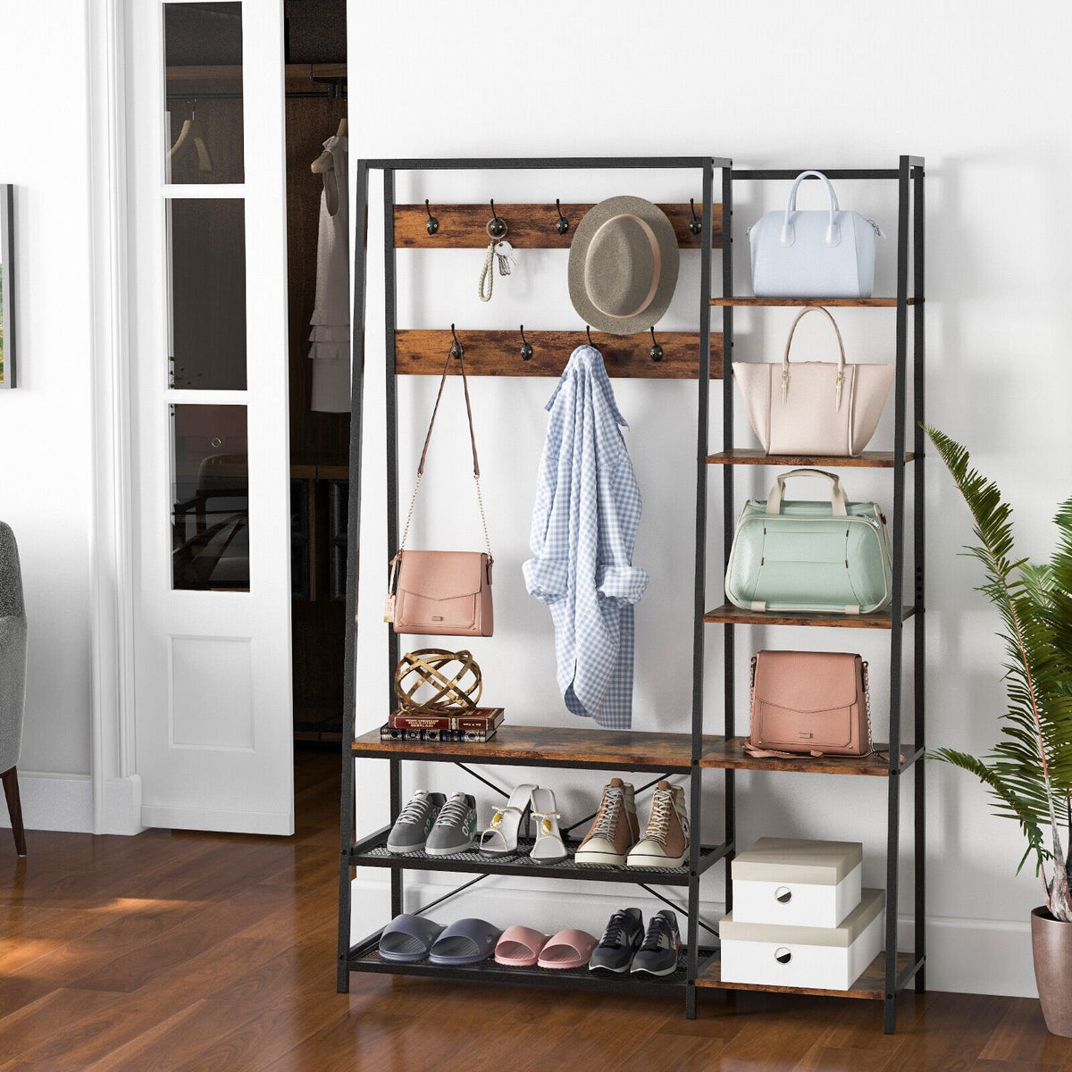 5-in-1 Entryway Hall Tree with Storage Bench with 9 Hooks-Rustic Brown view 2