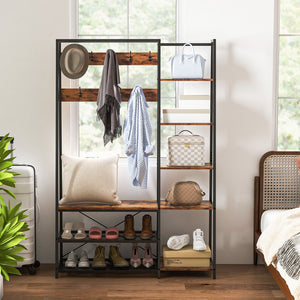 5-in-1 Entryway Hall Tree with Storage Bench with 9 Hooks-Rustic Brown view 3