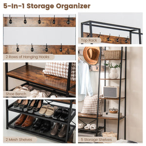 5-in-1 Entryway Hall Tree with Storage Bench with 9 Hooks-Rustic Brown view 5