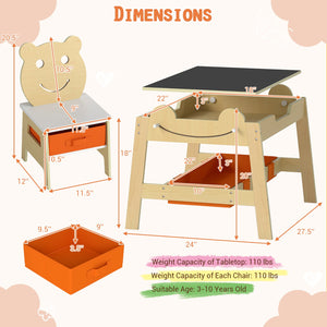 5-in-1 Toddler Table and 2 Chairs Cute Art Desk Set with Reversible Chalkboard Whiteboard-Natural view 5