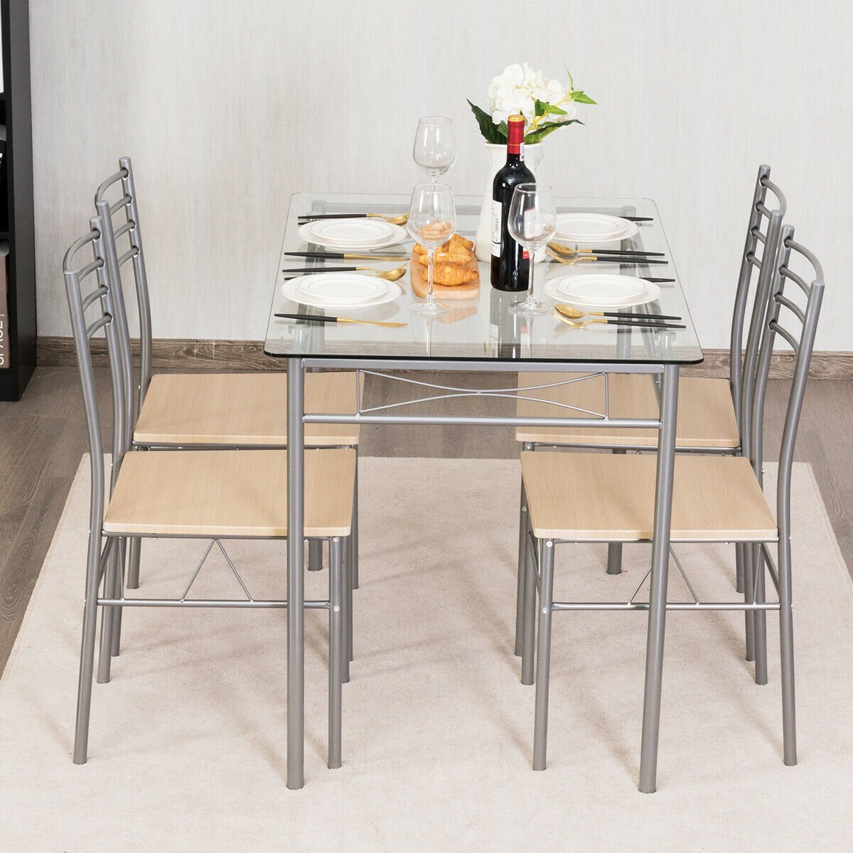 5 Pieces Dining Set Glass Table and 4 Chairs view 2