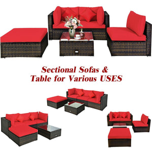 5 Pcs Outdoor Patio Rattan Furniture Set Sectional Conversation with Cushions-Red view 5