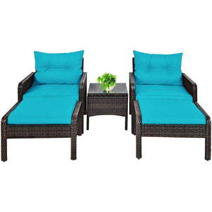 5 Pcs Patio Rattan Sofa Ottoman Furniture Set with Cushions-Turquoise view 4