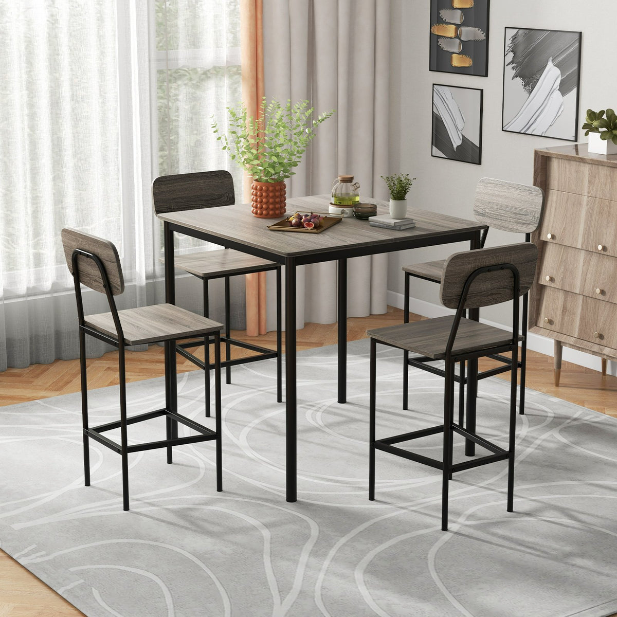5-Piece Counter-Height Dining Bar Table Set with 4 Bar Chairs-Gray view 2