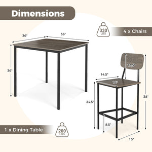 5-Piece Counter-Height Dining Bar Table Set with 4 Bar Chairs-Gray view 5