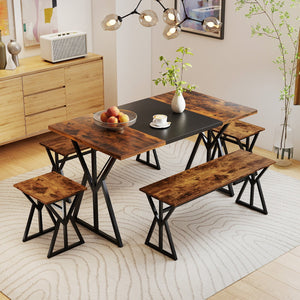 5-Piece Dining Room Set Industrial Rectangular Kitchen Table with 2 Benches and 2 Stools-Rustic Brown view 2