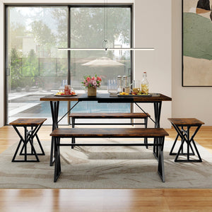 5-Piece Dining Room Set Industrial Rectangular Kitchen Table with 2 Benches and 2 Stools-Rustic Brown view 3