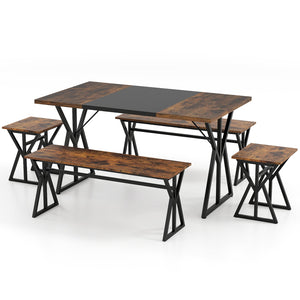5-Piece Dining Room Set Industrial Rectangular Kitchen Table with 2 Benches and 2 Stools-Rustic Brown view 4
