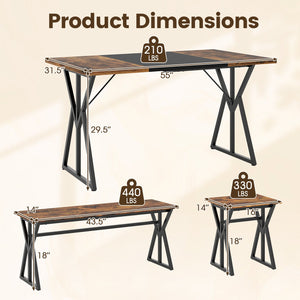5-Piece Dining Room Set Industrial Rectangular Kitchen Table with 2 Benches and 2 Stools-Rustic Brown view 5