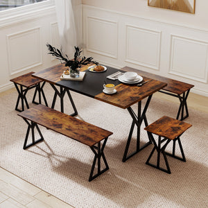 5-Piece Dining Room Set Industrial Rectangular Kitchen Table with 2 Benches and 2 Stools-Rustic Brown view 6
