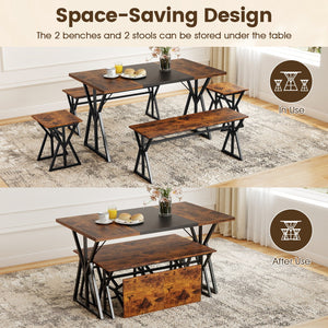 5-Piece Dining Room Set Industrial Rectangular Kitchen Table with 2 Benches and 2 Stools-Rustic Brown view 7