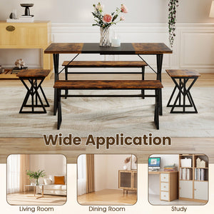 5-Piece Dining Room Set Industrial Rectangular Kitchen Table with 2 Benches and 2 Stools-Rustic Brown view 9
