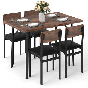5-Piece Dining Table Set for 4 People Industrial Kitchen Table and 4 PU Leather Chairs-Brown view 4