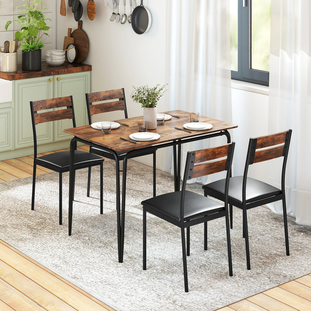 5-Piece Dining Table Set Industrial Rectangular Kitchen Table and 4 Armless Chairs-Rustic Brown view 2