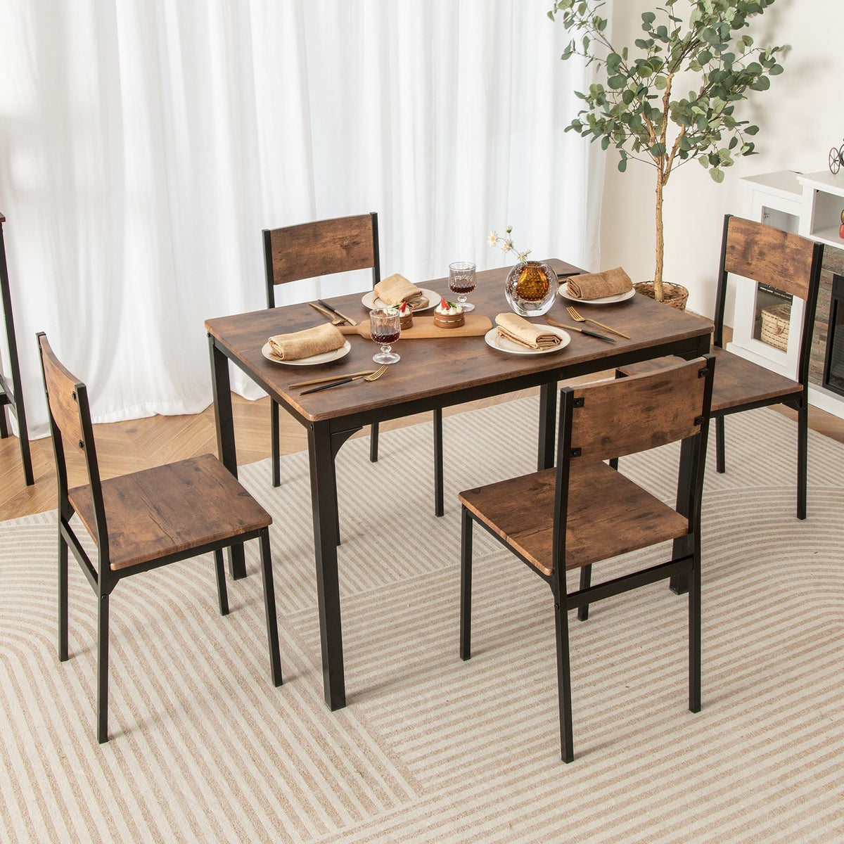 5 Piece Dining Table Set Industrial Style Kitchen Table and Chairs for 4-Rustic Brown view 2