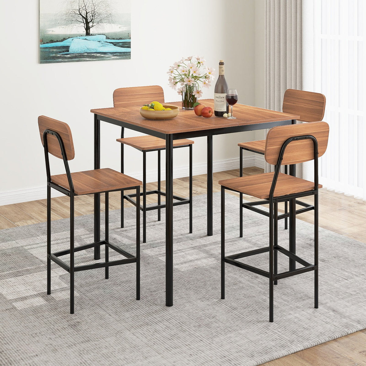 5-Piece Industrial Dining Table Set with Counter Height Table and 4 Bar Stools-Teak view 2