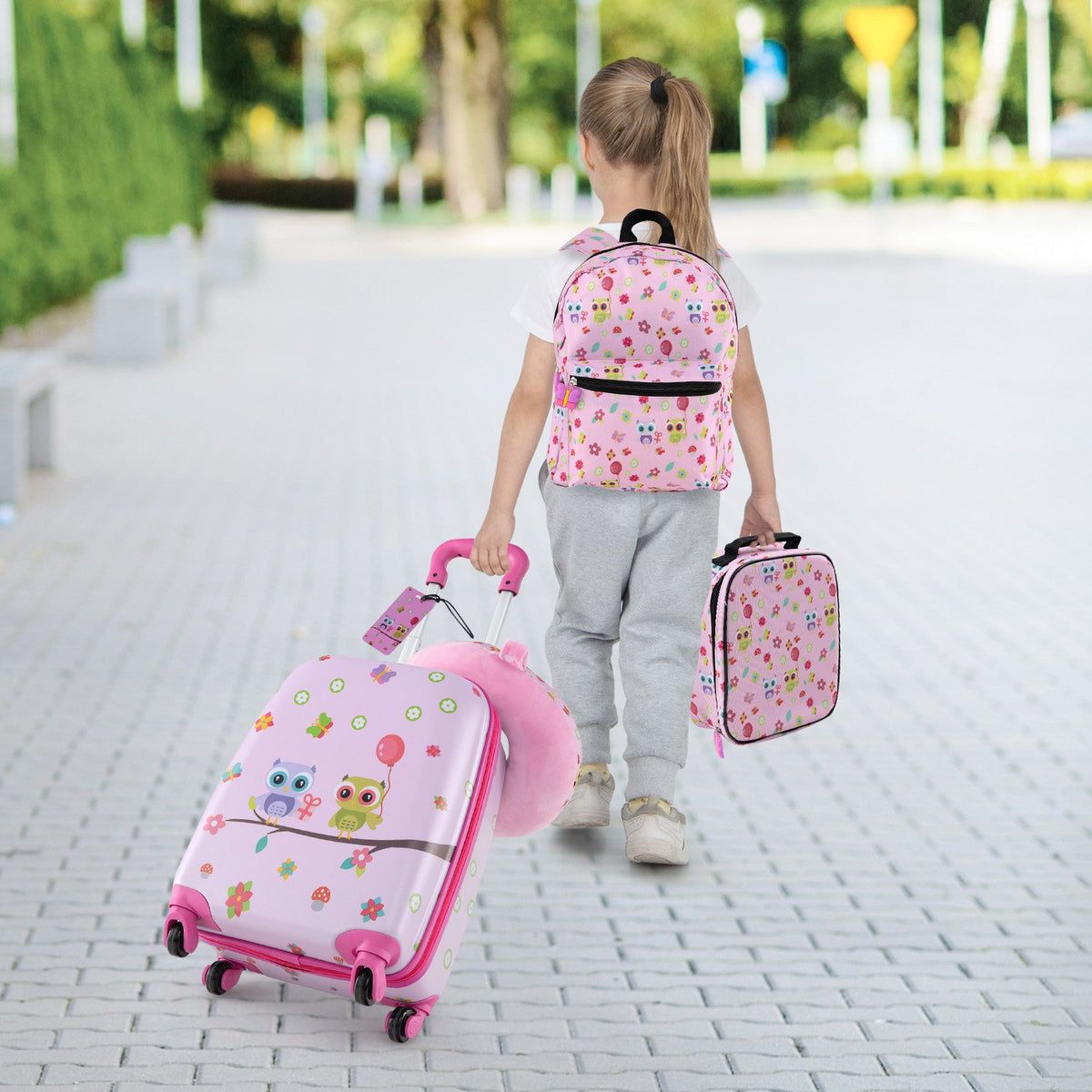 5 Piece Kids Luggage Set with Backpack, Neck Pillow, Name Tag, Lunch Bag-Pink view 2