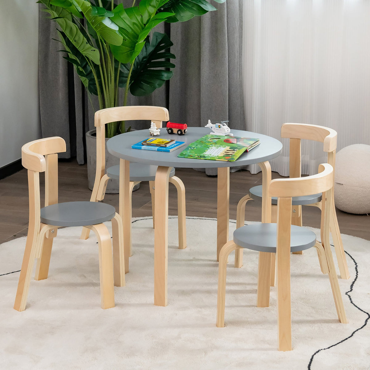 5-Piece Kids Wooden Curved Back Activity Table and Chair Set with Toy Bricks-Gray view 2