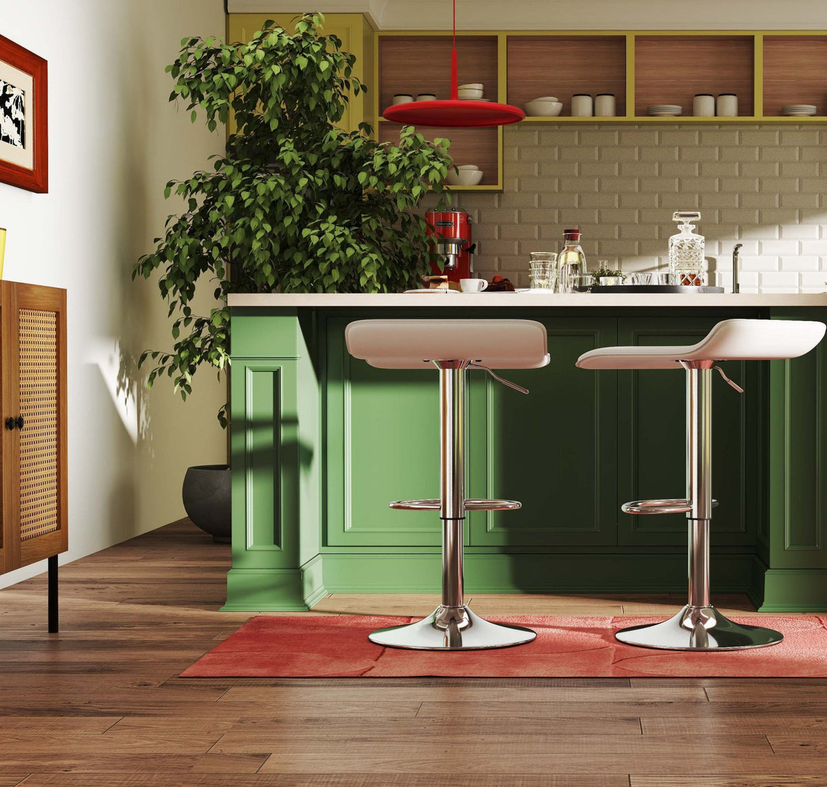 5-Piece Kitchen & Dining Bundle: Adjustable Bar Stools (Set of 2) + Stackable Stools (Set of 6) + Rattan Storage Sideboard view 2
