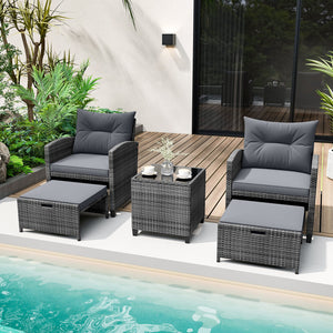 5 Piece Patio Rattan Furniture with 2 Ottomans and Tempered Glass Coffee Table-Gray view 2