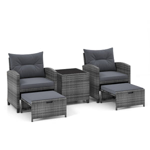 5 Piece Patio Rattan Furniture with 2 Ottomans and Tempered Glass Coffee Table-Gray view 6
