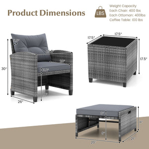 5 Piece Patio Rattan Furniture with 2 Ottomans and Tempered Glass Coffee Table-Gray view 7