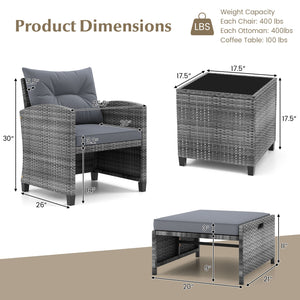 5 Piece Patio Rattan Furniture with 2 Ottomans and Tempered Glass Coffee Table-Gray view 8