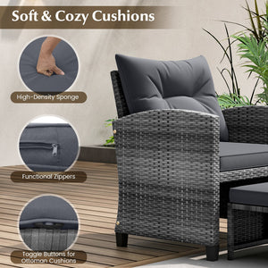 5 Piece Patio Rattan Furniture with 2 Ottomans and Tempered Glass Coffee Table-Gray view 9
