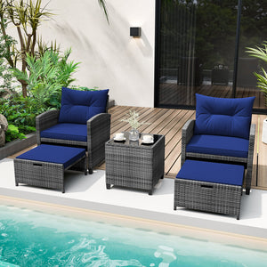 5 Piece Patio Rattan Furniture with 2 Ottomans and Tempered Glass Coffee Table-Navy view 2