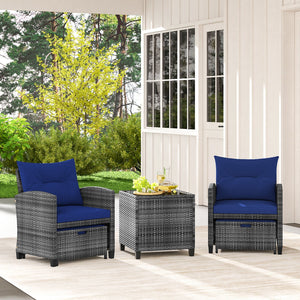 5 Piece Patio Rattan Furniture with 2 Ottomans and Tempered Glass Coffee Table-Navy view 3