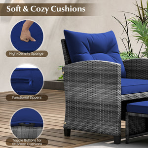 5 Piece Patio Rattan Furniture with 2 Ottomans and Tempered Glass Coffee Table-Navy view 6