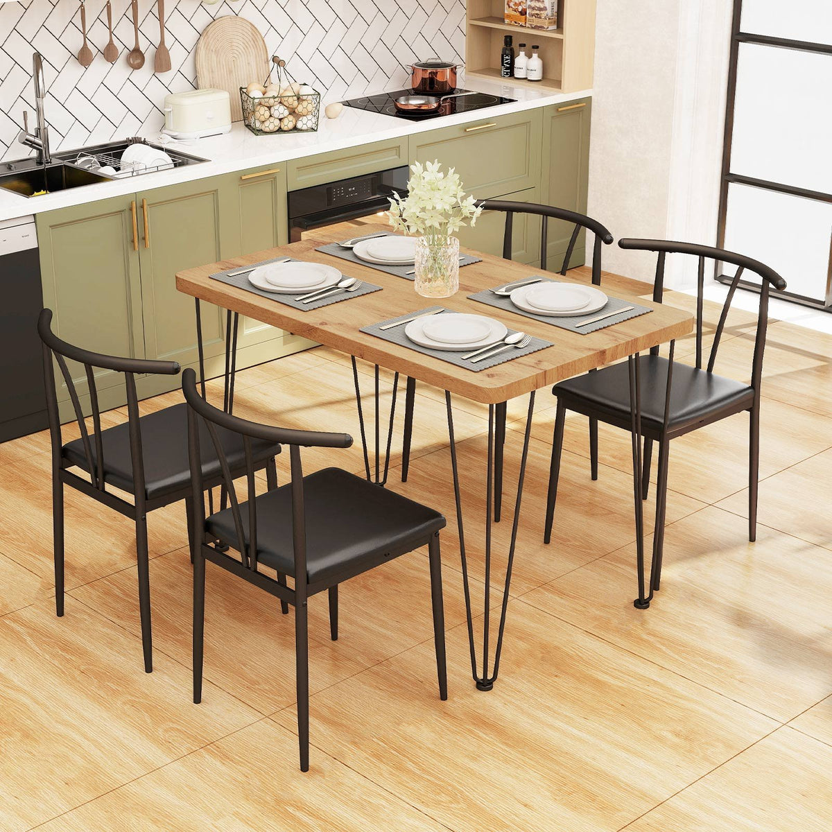 5-Piece Space-saving Dining Table Set Industrial Rectangular Kitchen Table and 4 Armless Chairs-Black view 2