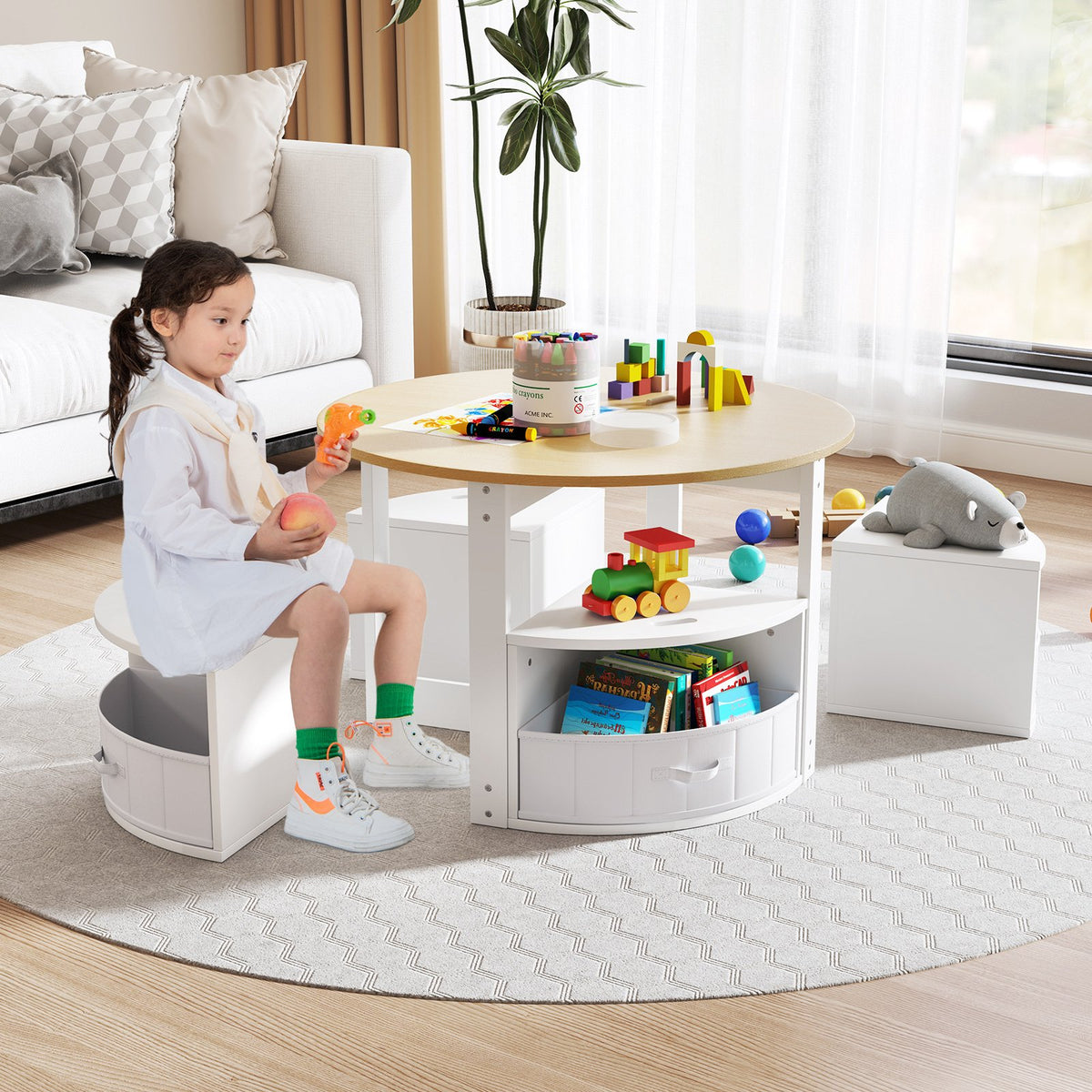 5 Piece Toddler Round Nesting Table with 4 Storage Stools for Activity-Natural view 2