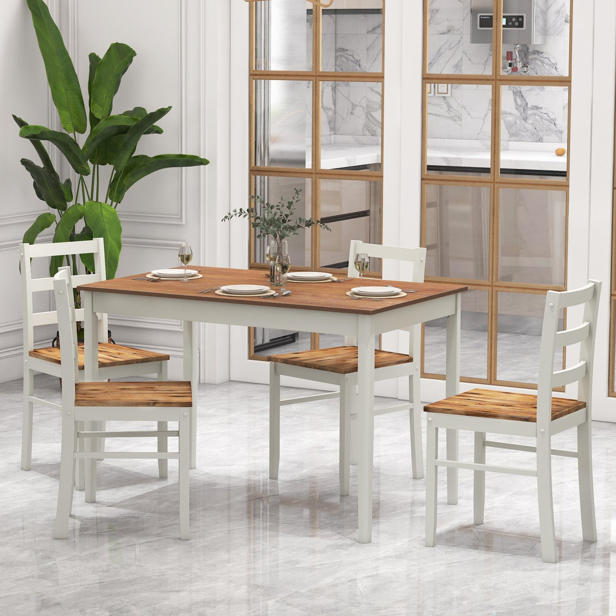 5-Piece Wooden Dining Set with Rectangular Table and 4 Chairs-Coffee and White view 2