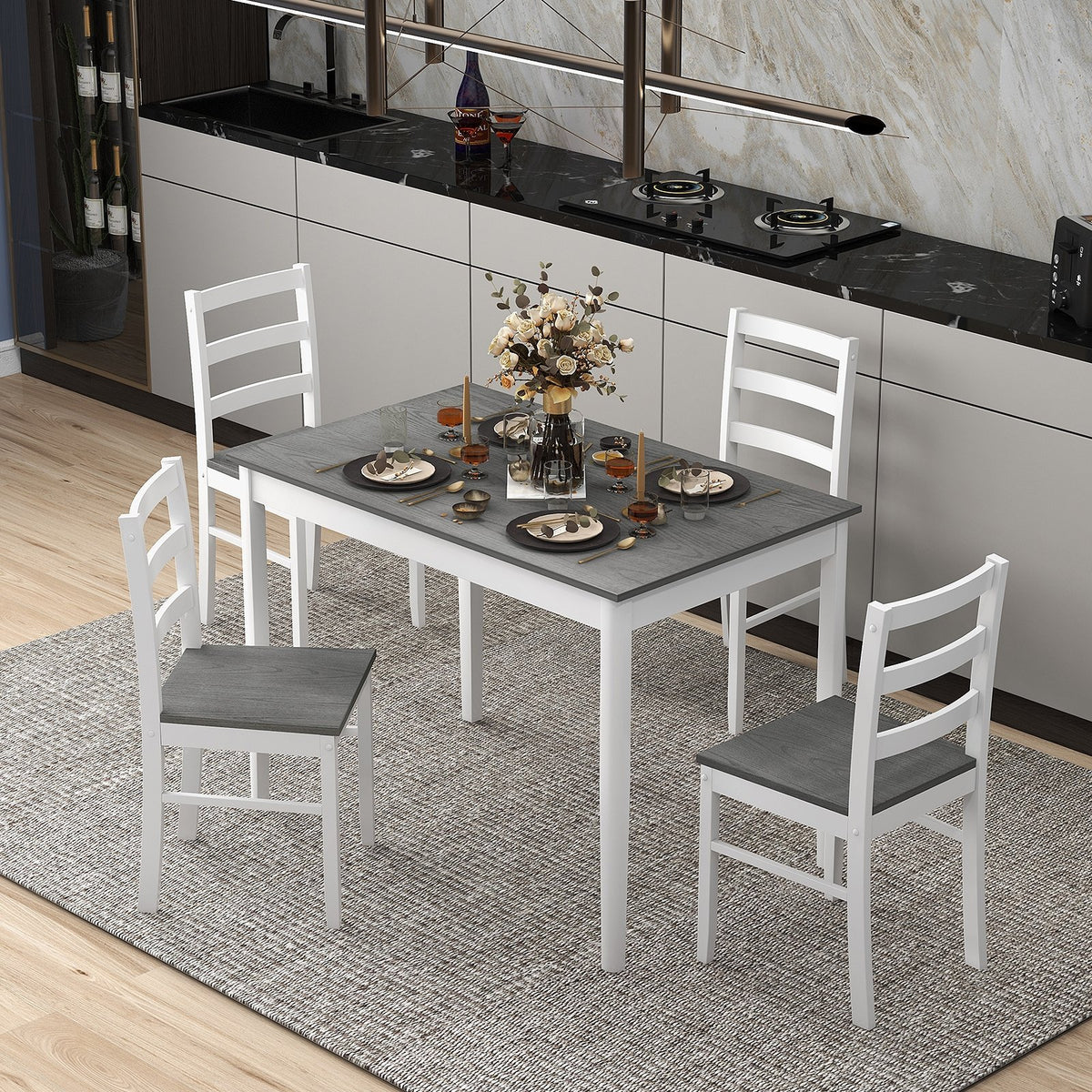 5-Piece Wooden Dining Set with Rectangular Table and 4 Chairs-Gray view 2