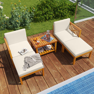 5 Pieces Acacia Wood Patio Lounge Chair Set with Ottomans and Cushions-White view 8
