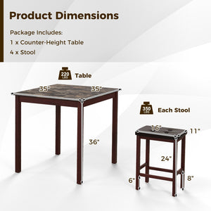 5 Pieces Bar Table Set Counter-Height Dining Table and 4 Bar Stools-Brown view 5