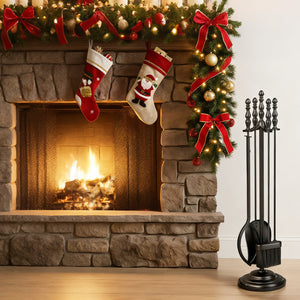 5-Pieces Fireplace Tool Set with Poker Tongs Brush Shovel and Round Stand view 2