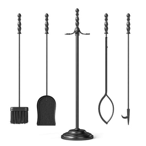 5-Pieces Fireplace Tool Set with Poker Tongs Brush Shovel and Round Stand view 4