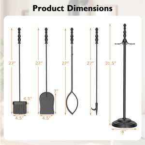 5-Pieces Fireplace Tool Set with Poker Tongs Brush Shovel and Round Stand view 5