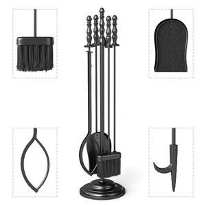5-Pieces Fireplace Tool Set with Poker Tongs Brush Shovel and Round Stand view 7
