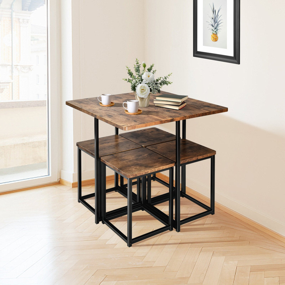 5 Pieces Metal Frame Dining Set with Compact Dining Table and 4 Stools -Walnut view 2