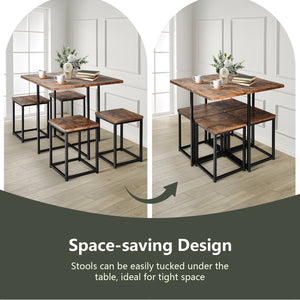 5 Pieces Metal Frame Dining Set with Compact Dining Table and 4 Stools -Walnut view 7